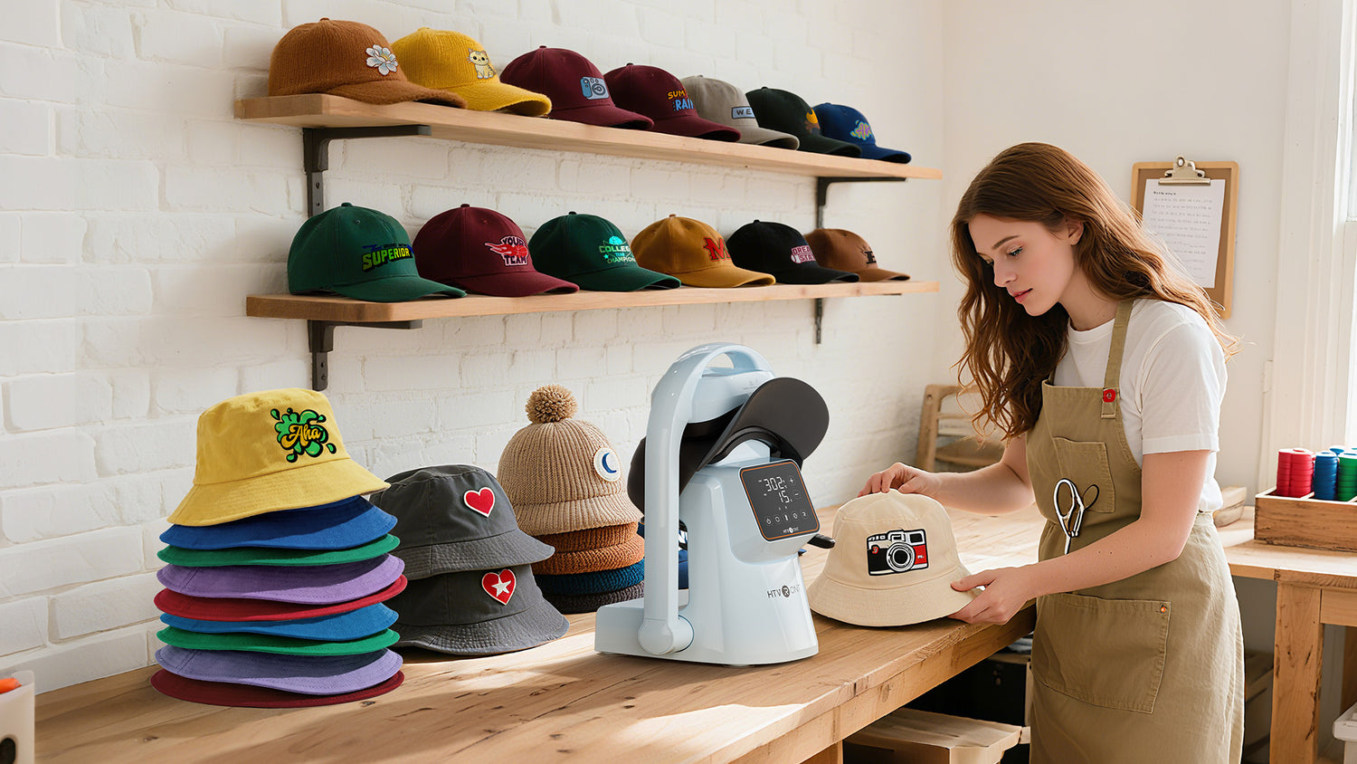 A woman is making DIY bucket hats and baseball caps using an A300 Hat Heat Press in her workshop.