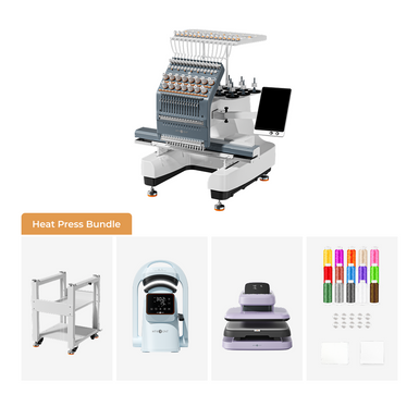 E15 embroidery machine shown above a labeled 'Heat Press Bundle' collage of included accessories: a metal rolling cart, a light blue heat press, a lavender heat press, colored heat transfer papers, and transfer sheets, all on a white background.