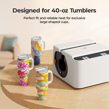 Colorful tumblers on a table with a white machine, text indicating design for 40-oz tumblers.