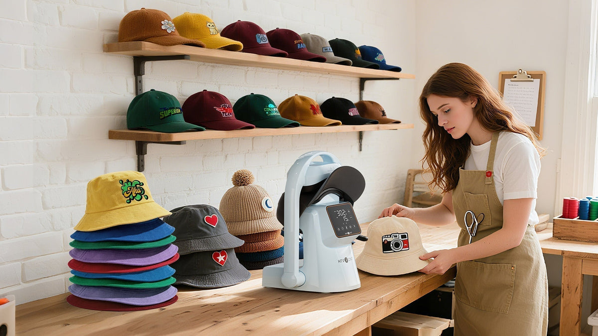 A300 Auto Hat Heat Press with different hats, caps