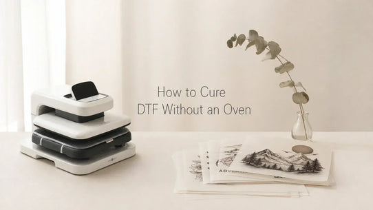 DTF transfer sheet curing on a heat press with parchment paper and craft tools on a wooden worktable