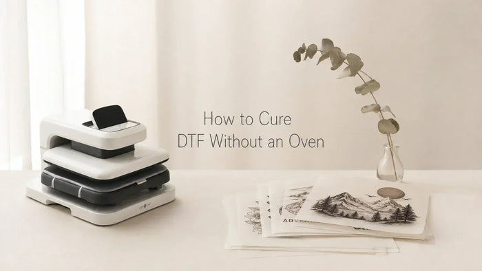 DTF transfer sheet curing on a heat press with parchment paper and craft tools on a wooden worktable