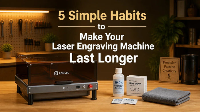 Laser engraving machine with a cleaning kit on a wooden workbench