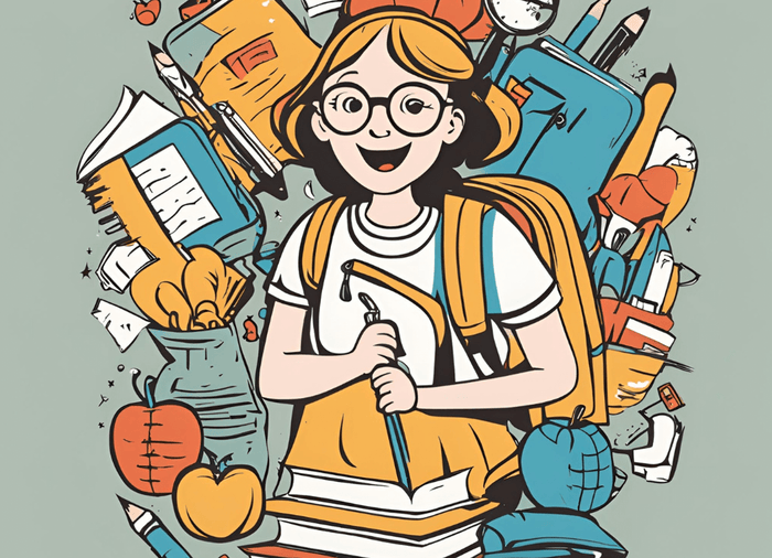 The cover image shows a little girl with a sunny smile carrying a bag full of school supplies at the beginning of the school year.