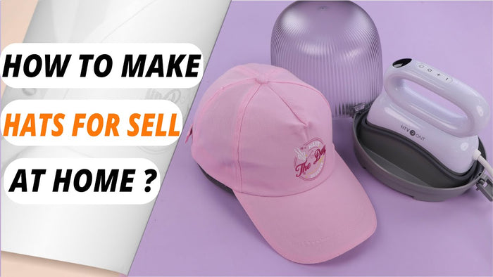 A pink baseball cap with a logo on a purple background, with the text 'HOW TO MAKE HATS FOR SELL AT HOME?' in a yellow box.
