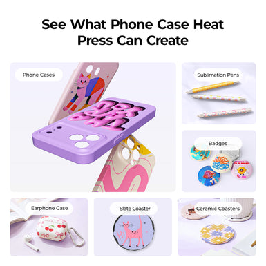 Collage of phone cases, sublimation pens, badges, ceramic coasters, and earphone cases created using a heat press.