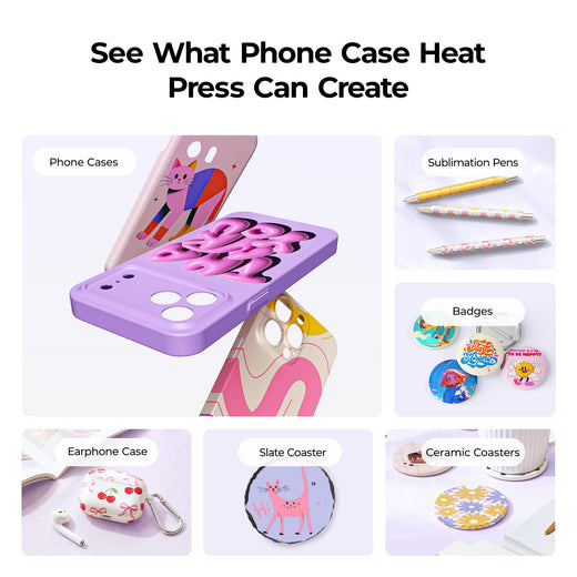 Collage of phone cases, sublimation pens, badges, ceramic coasters, and earphone cases created using a heat press.