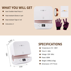 Auto Tumbler Heat Press set with gloves, tape, and instructions on a beige background