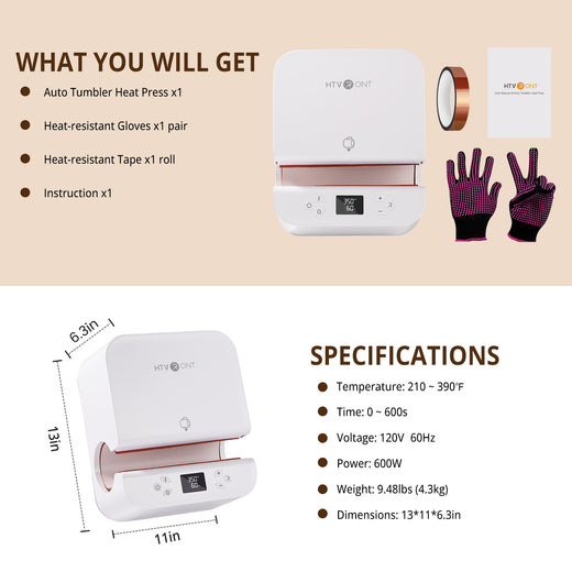Auto Tumbler Heat Press set with gloves, tape, and instructions on a beige background