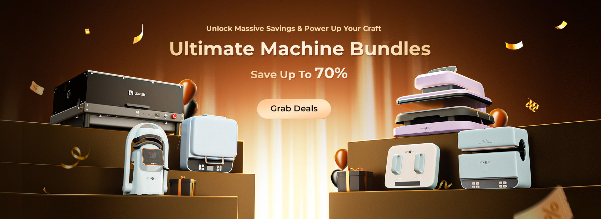Promotional banner for ultimate machine bundles with savings up to 70% on a dark background.