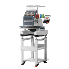 E15 15-Needle Embroidery Machine on a white metal stand with a digital display screen, shown against a solid white background.