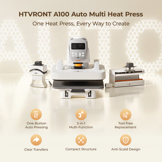 HTVRONT A100 Auto Multi Heat Press with features highlighted on a light background