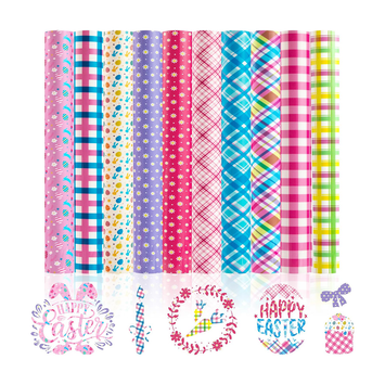 Set of colorful fabric swatches with Easter-themed designs on a white background