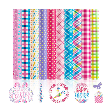 Set of colorful fabric swatches with Easter-themed designs on a white background