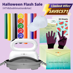 [Halloween Flash Sale]Hat Heat Press Machine+HTV&Sublimation Bundle (Puff HTV*8+Baseball Cap Blank*1+Sublimation Paper*30+Sublimation HTV*5+PTFE Teflon Sheet*1+1Pair Gloves≥C＄81)