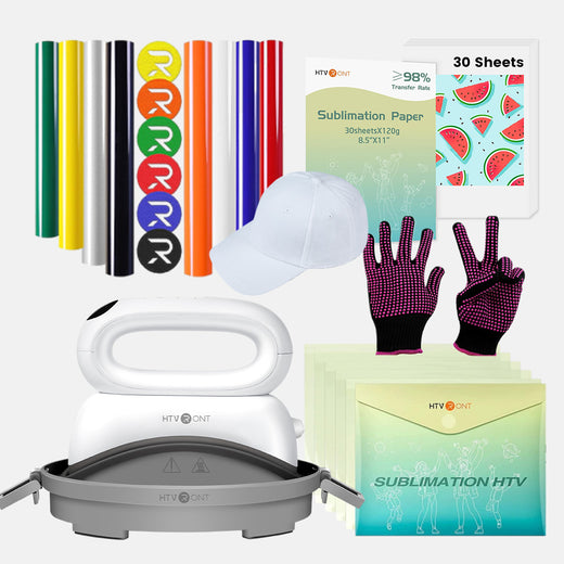 [Halloween Flash Sale]Hat Heat Press Machine+HTV&Sublimation Bundle (Puff HTV*8+Baseball Cap Blank*1+Sublimation Paper*30+Sublimation HTV*5+PTFE Teflon Sheet*1+1Pair Gloves≥C＄81)