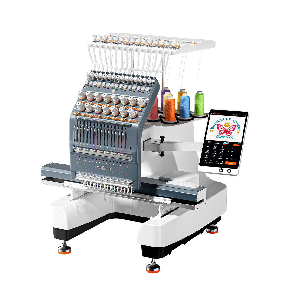 15-Needle Embroidery Machine machine with a white and gray base, multiple spools of thread on a top rack, and an attached touchscreen controller, shown on a plain white background.