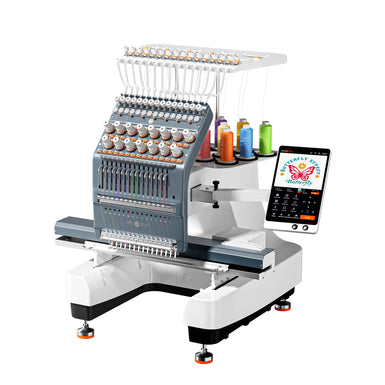15-Needle Embroidery Machine machine with a white and gray base, multiple spools of thread on a top rack, and an attached touchscreen controller, shown on a plain white background.
