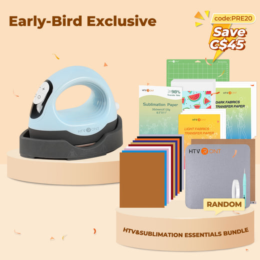 [Early-Bird Exclusive]HTVRONT Mini3 Heat Press+Starter Kit(Multicolor HTV*10+Sumblimation Paper*25+Transfer paper*10+PTFE Teflon Sheet+Heat Press Mat+Weeding Tools≥C＄63)