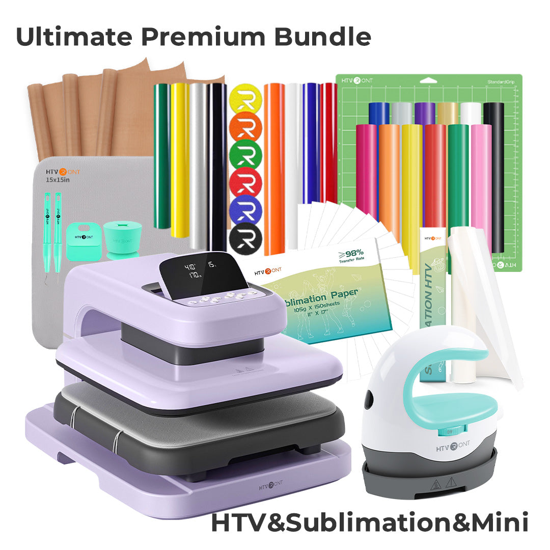 Auto Heat Press Ultimate Premium Bundle with HTV & Sublimation & Mini heat press on a white background