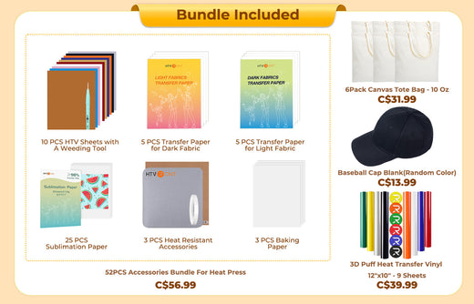 [Premium Bundle]HTVRONT Mini3 Heat Press+HTV&Sublimation Bundle(PUFF HTV *8+Multicolor HTV*10+Sumblimation Paper*25+Transfer paper*10+6Pack Canvas Tote Bag+PTFE Teflon Sheet+Heat Press Mat+Cap Blank*1+Weeding Tools≥C＄143)