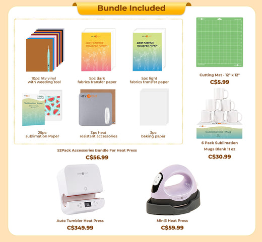 [All in bundle]HTVRONT Auto Tumbler+Mini3 Heat Press Machine+advanced Bundle(Multicolor HTV*10+Sumblimation Paper*25+Mugs 11oz*6+Transfer paper*10+PTFE Teflon Sheet+Heat Press Mat+Weeding Tools≥C＄94)