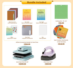 [All in bundle]HTVRONT Auto Heat Press15“x15”+Mini3 Heat Press Machine+advanced Bundle(Multicolor HTV*46+Sumblimation Paper*25+Transfer paper*10+PTFE Teflon Sheet+Heat Press Mat+Cutting Mat+Weeding Tools≥C＄112)