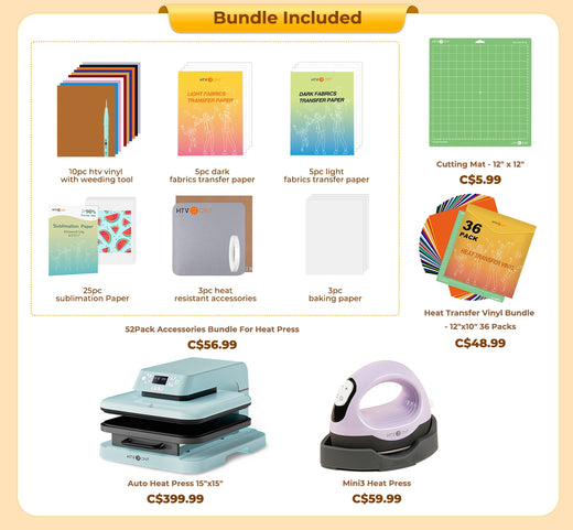 [All in bundle]HTVRONT Auto Heat Press15“x15”+Mini3 Heat Press Machine+advanced Bundle(Multicolor HTV*46+Sumblimation Paper*25+Transfer paper*10+PTFE Teflon Sheet+Heat Press Mat+Cutting Mat+Weeding Tools≥C＄112)