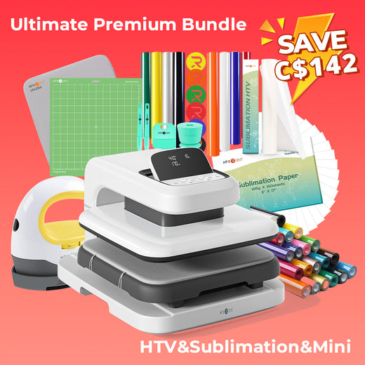 [Ultimate Premium Bundle]HTVRONT Auto2 Heat Press+Starter Kit(Multicolor HTV Roll*20+150 sheets Sublimation Paper A4+Sublimation HTV Roll+PUFF HTV*8+Mini2 Heat Press Machine+Heat Press Mat+Cutting Mat+Weeding Tools≥273 C＄)