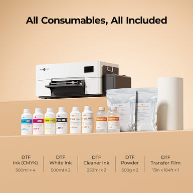 DTF ink, white ink, cleaner ink, powder, and transfer film displayed with a printer on a beige background.