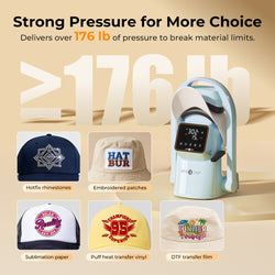 Product display with text 'Strong Pressure for More Choice' and images of a hat, patches, and a digital device on a beige background.