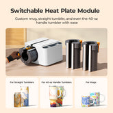 Switchable heat plate module for customizing tumblers and mugs on a beige background