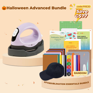 [🎃Halloween Advanced Bundle]HTVRONT Mini3 Heat Press+HTV&Sublimation Bundle(PUFF HTV *8+Multicolor HTV*10+Sumblimation Paper*25+Transfer paper*10+PTFE Teflon Sheet+Heat Press Mat+Cap Blank*1+Weeding Tools≥C＄117)