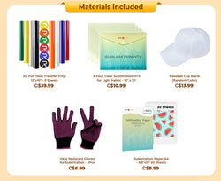 [Halloween Flash Sale]Hat Heat Press Machine+HTV&Sublimation Bundle (Puff HTV*8+Baseball Cap Blank*1+Sublimation Paper*30+Sublimation HTV*5+PTFE Teflon Sheet*1+1Pair Gloves≥C＄81)