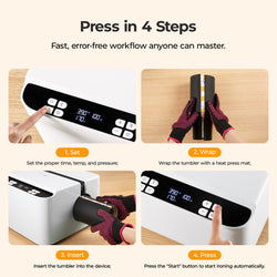 Step-by-step guide on using a heat press machine with images and text.