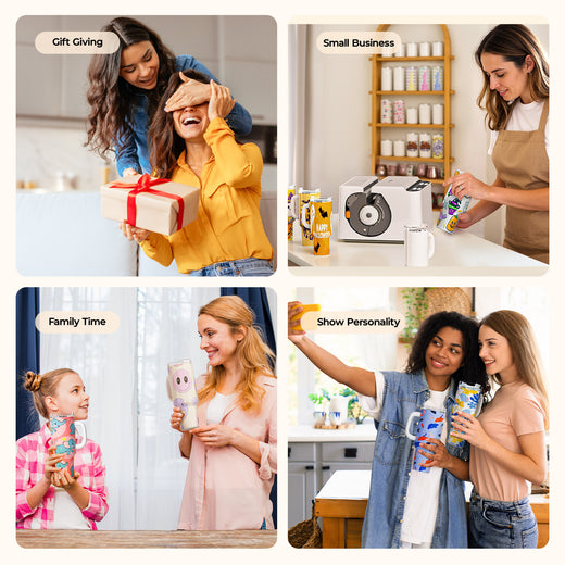 Collage of four scenes showing people using a product, with labels for 'Gift Giving', 'Small Business', 'Family Time', and 'Show Personality'.