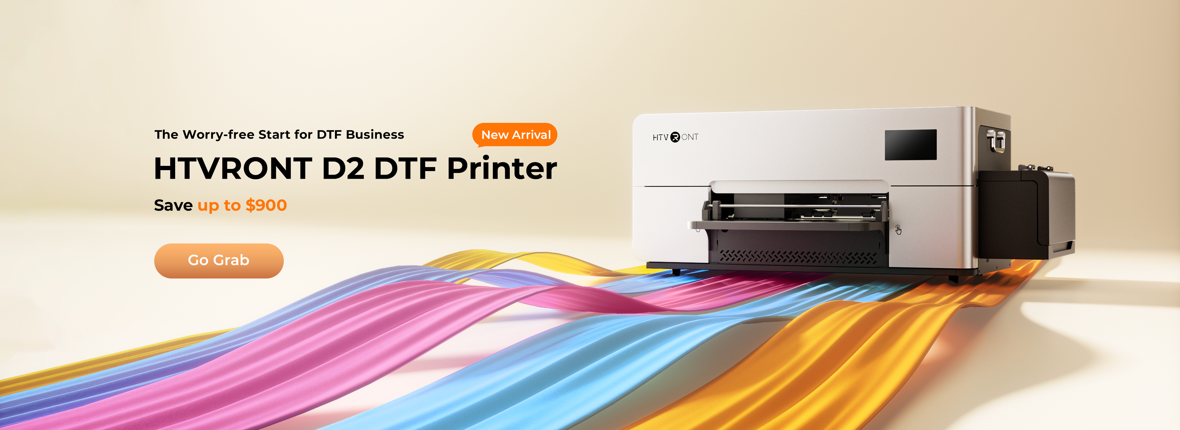 HTVRONT D2 DTF Printer with colorful printed material on a beige background