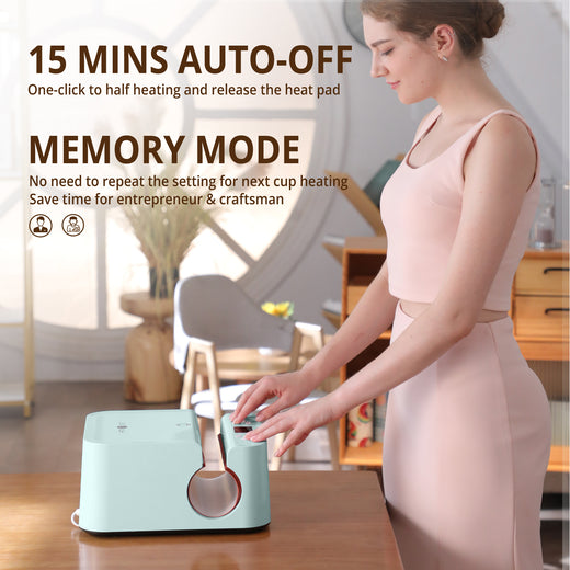 Woman using a teal heat pad with text about auto-off feature and memory mode.