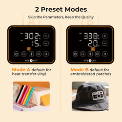 Two preset modes for A300 hat heat press  with digital displays and mode descriptions.