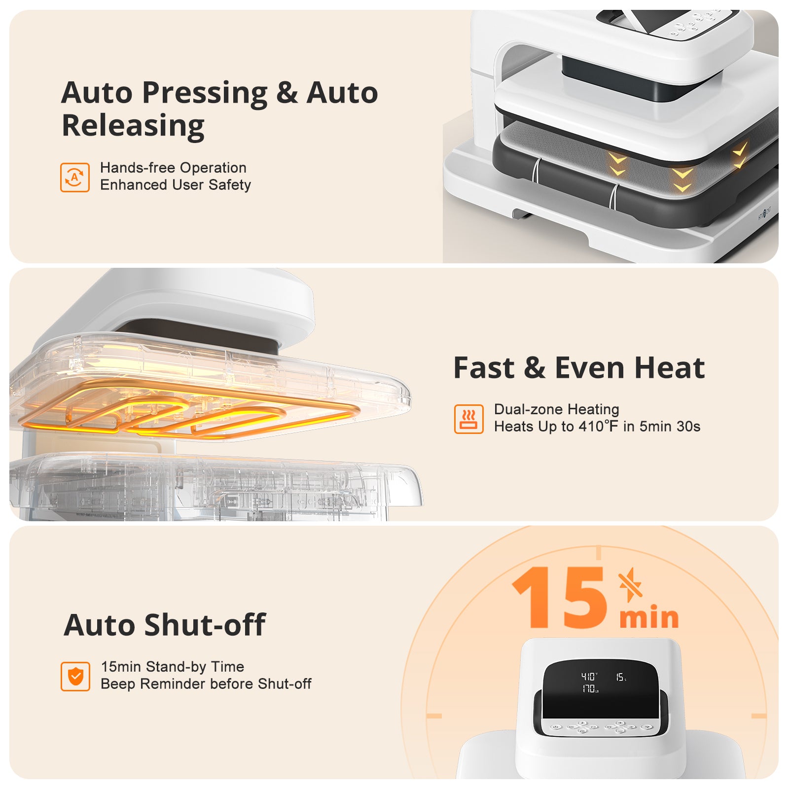 Auto Heat Press 2: Dual-zone Heating Heats Up to 410 F in 5min 30s