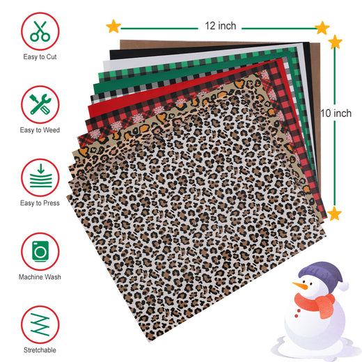 Christmas Patterned Buffalo Plaid & Leopard Heat Transfer Vinyl Bundle  -13 Sheets