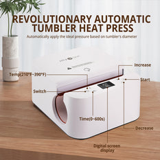 Revolutionary automatic tumbler heat press with labeled parts on a wooden surface.