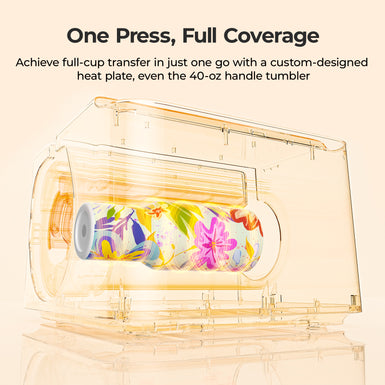 A200 Tumbler Heat press machine with a colorful tumbler inside, on a beige background.