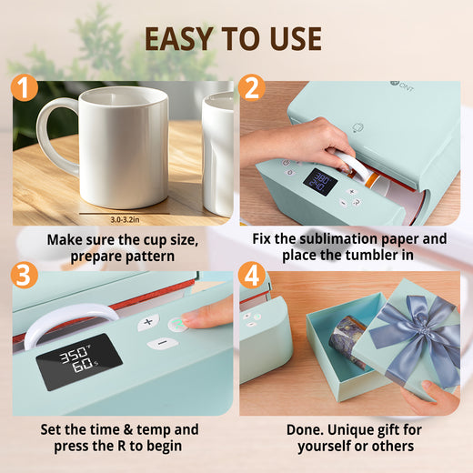 Step-by-step guide on using a sublimation tumbler machine with images and text.
