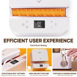 White Tumbler heat press with digital display and control buttons, featuring text on efficient user experience.