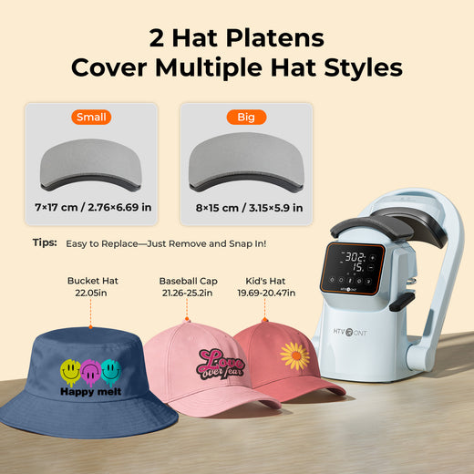 Hat flatener with two size options and examples of hats it can flatten.