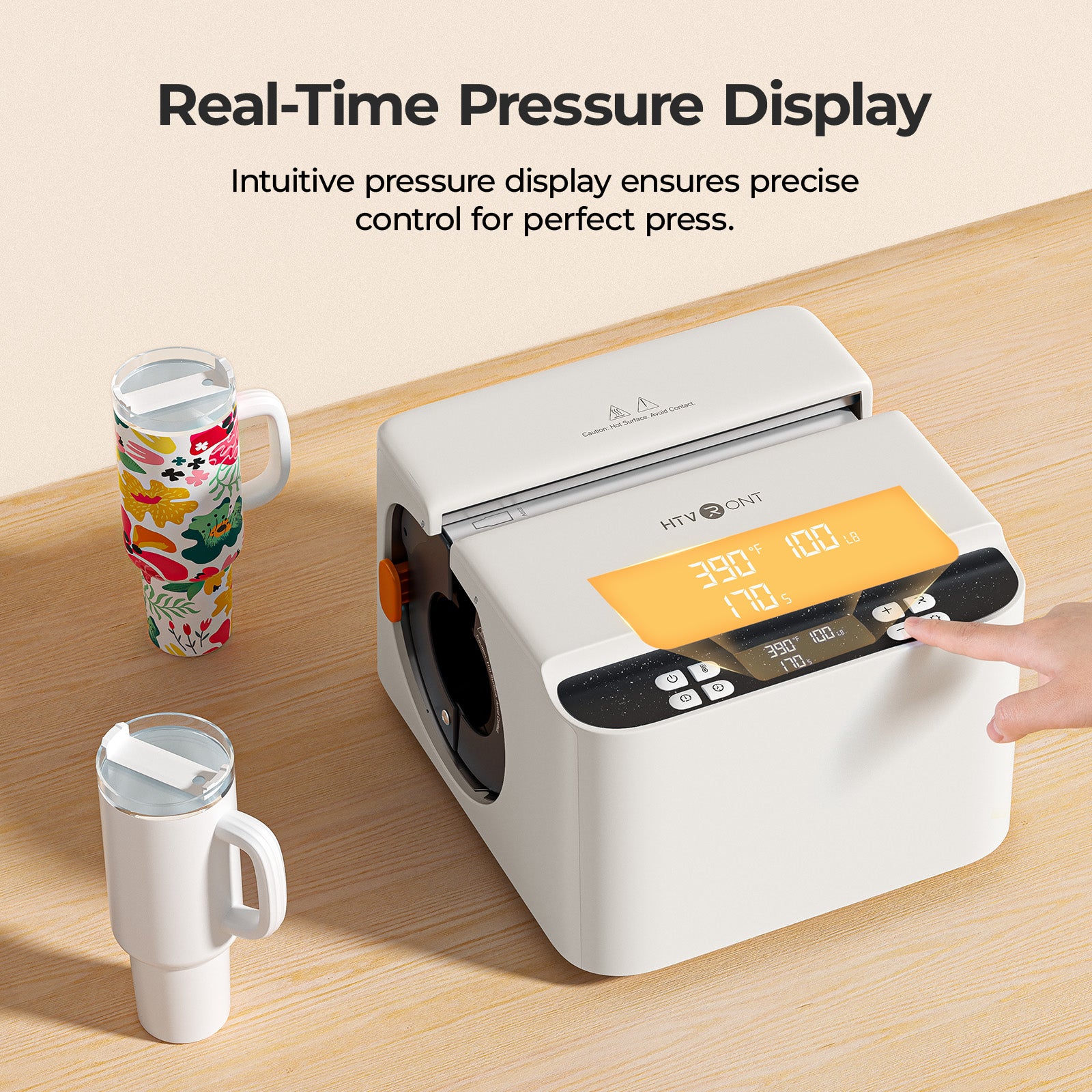 White appliance with digital display on a wooden surface, featuring two mugs.