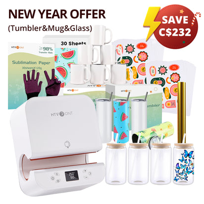 [New Year Sale] Auto Tumbler Heat Press Machine 120V +Super Valued Bundle(30pcs Sublimation Paper+6pack Sublimation Mugs Blank-11oz+4Pack Glass 16oz+4Pack Tumbler Blank- 20oz+Sticker Paper*20+Mirror Metallic Adhesive Roll+Gloves≥C$232)