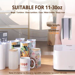 Collection of mugs, tumblers, and water bottles on a wooden surface with text indicating size compatibility.