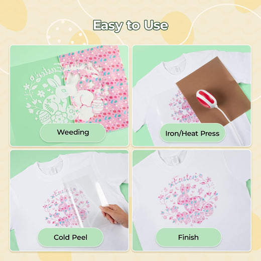 Step-by-step process of using a product for weeding, ironing, peeling, and finishing on a white shirt with floral design.